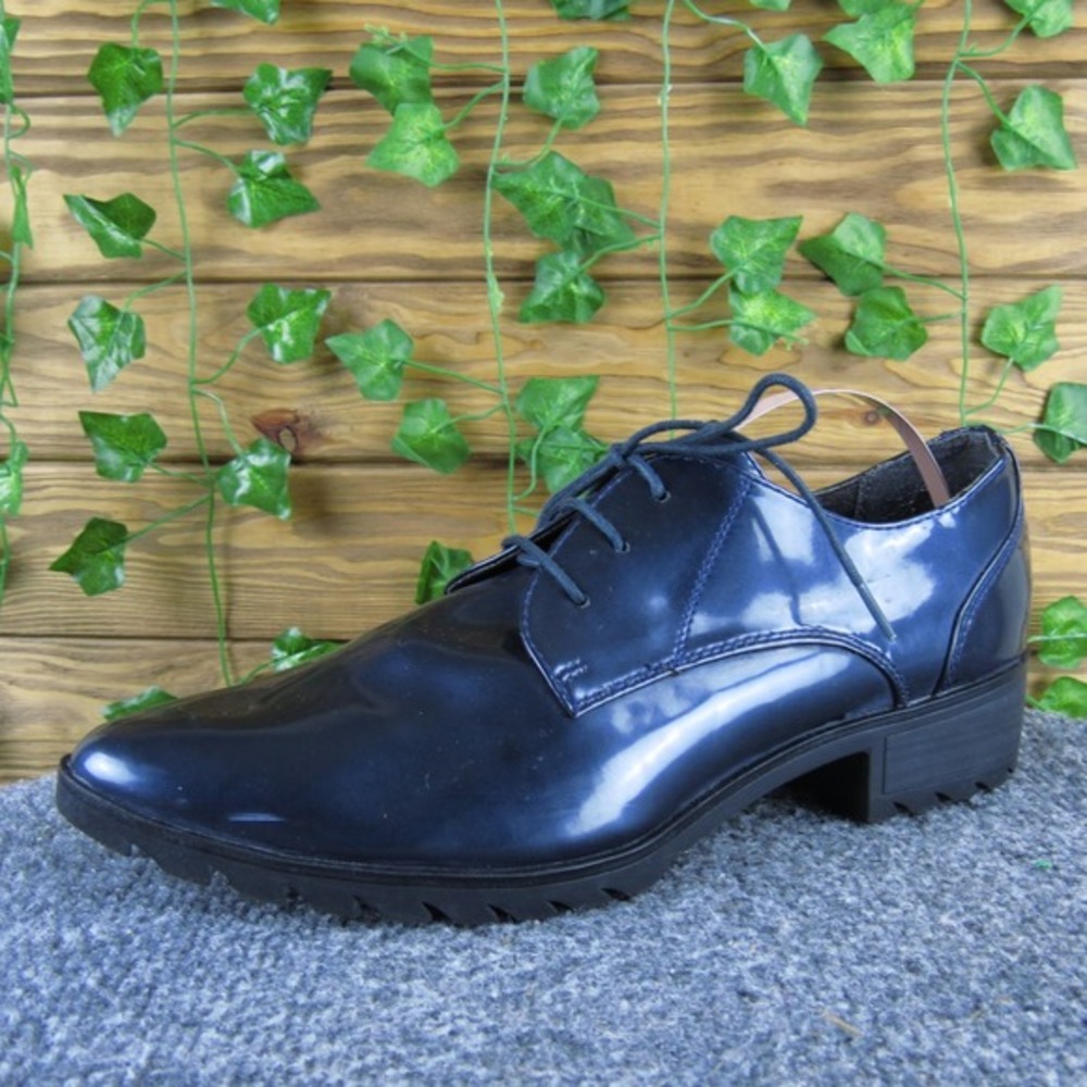 Tamaris Navy Blue Patent Lace-Up Oxfords Women's Size 40 (US 9) Chunky Heel Shoe